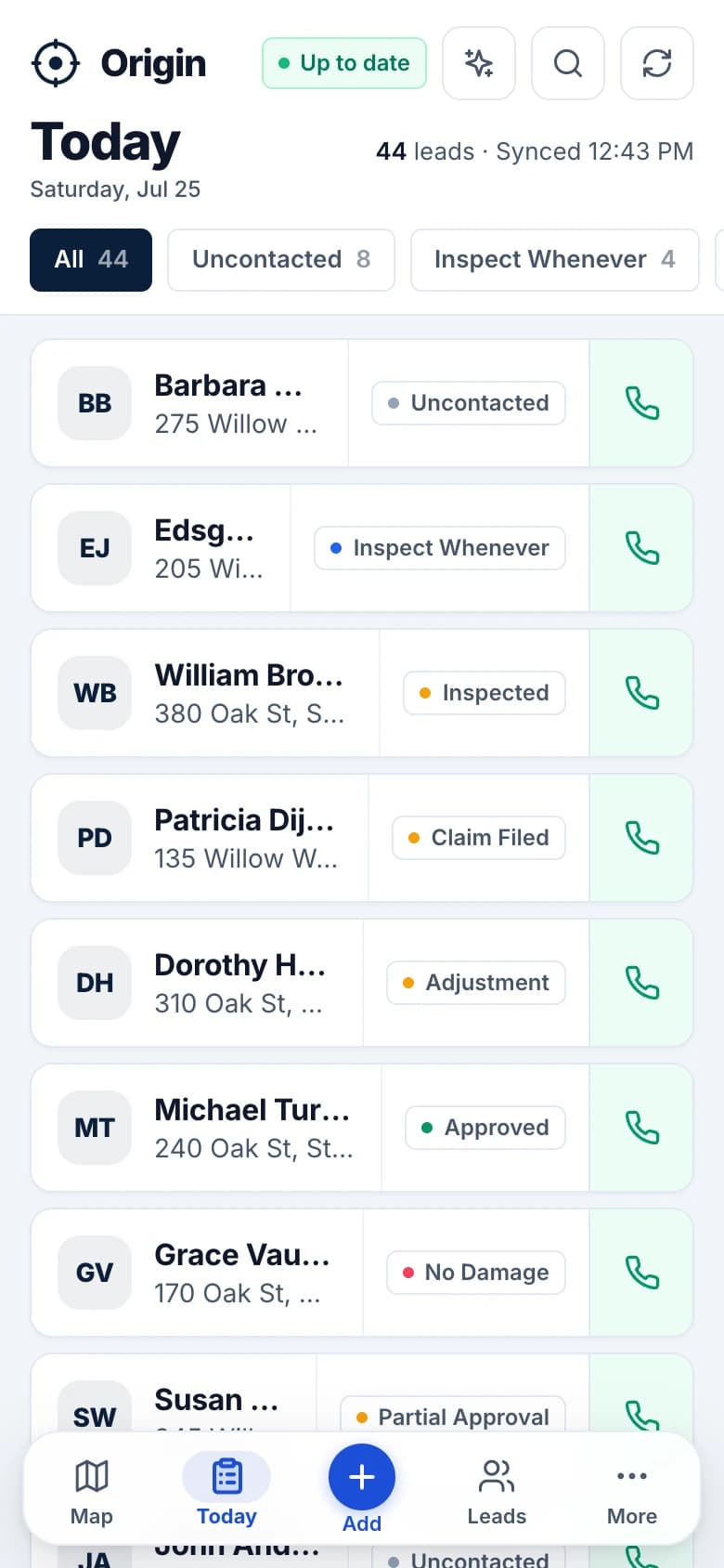 Origin mobile Today view listing the day's field leads with stage and one-tap call